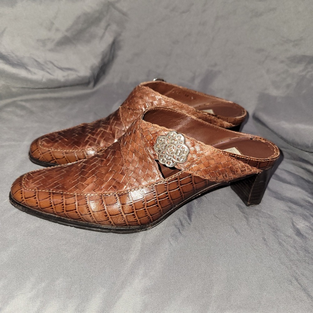 Brighton Tryst Brown Leather Woven Slide Heel Mules Women's Size US 7M Vtg 90s